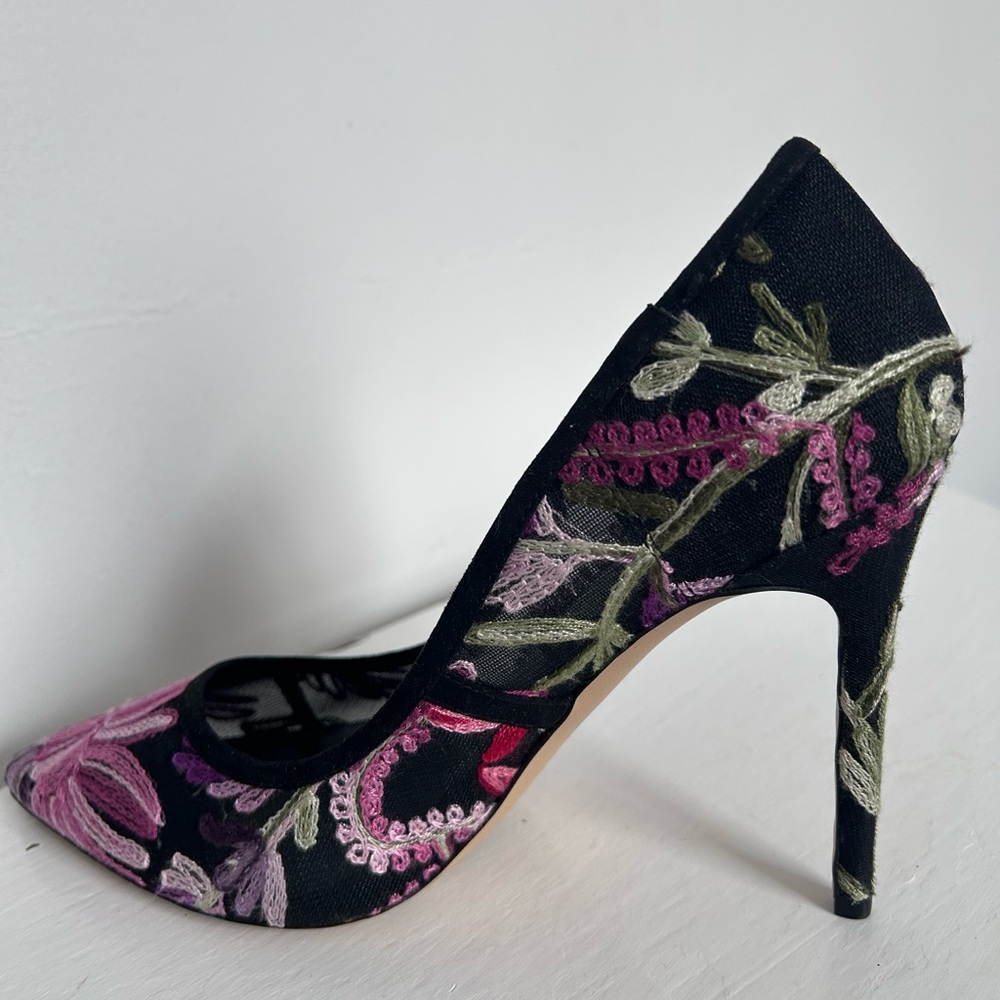 Mix No. 6 Black Embroidered Floral Pointed Heel with Pink and Green Accents